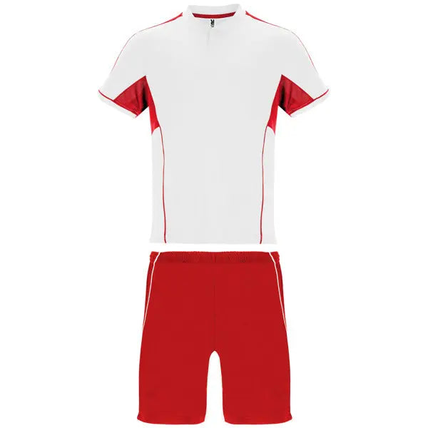 Conjunto deportivo unisex con combinación de tres tejidos, camiseta con cuello mao y apertura mediante broche de presión, interior de la manga en