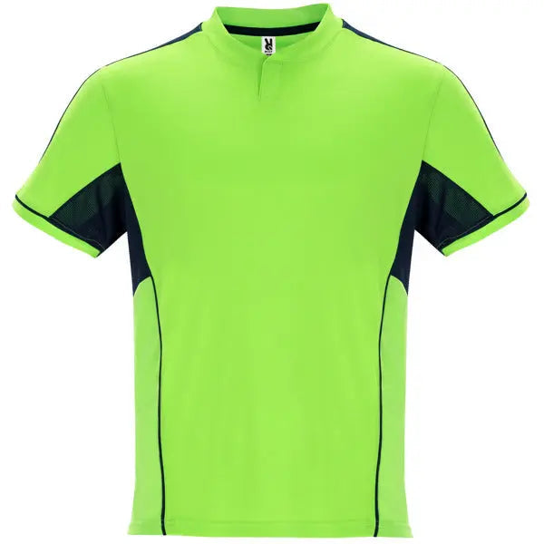 Conjunto deportivo unisex con combinación de tres tejidos, camiseta con cuello mao y apertura mediante broche de presión, interior de la manga en