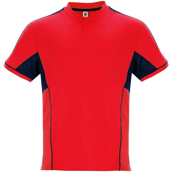 Conjunto deportivo unisex con combinación de tres tejidos, camiseta con cuello mao y apertura mediante broche de presión, interior de la manga en