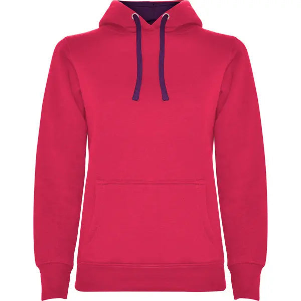 Sudadera entallada de corte femenino con capucha bicolor de doble tejido, con cordón contrastado ajustable, cubrecosturas en el cuello y bolsillo