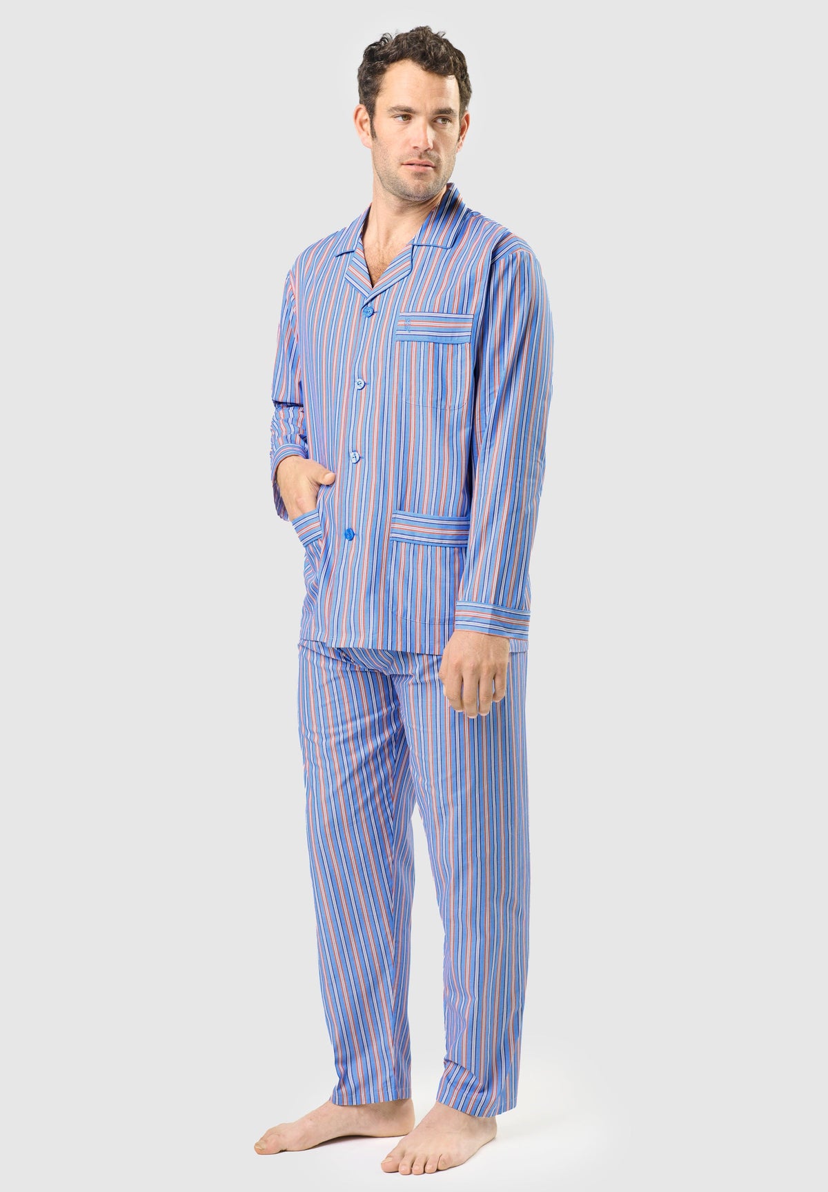 Pijama Hombre Largo Solapa Algodón Popelín Rayas - Azul 1534_30
