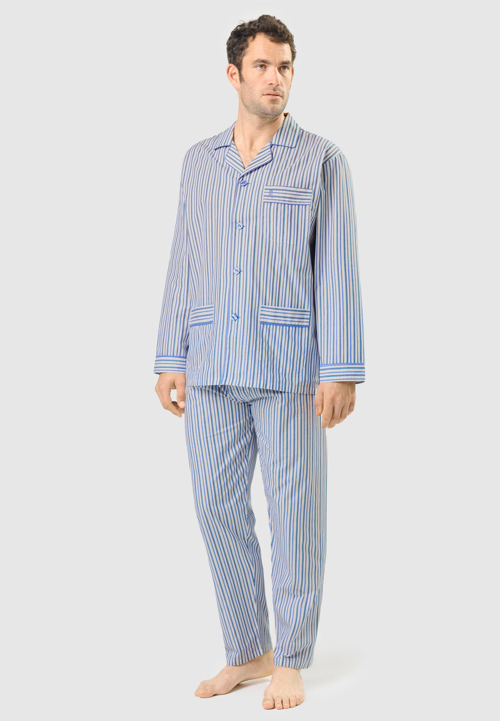 Pijama Hombre Largo Solapa Algodón Popelín Rayas - Blanco 1537_01