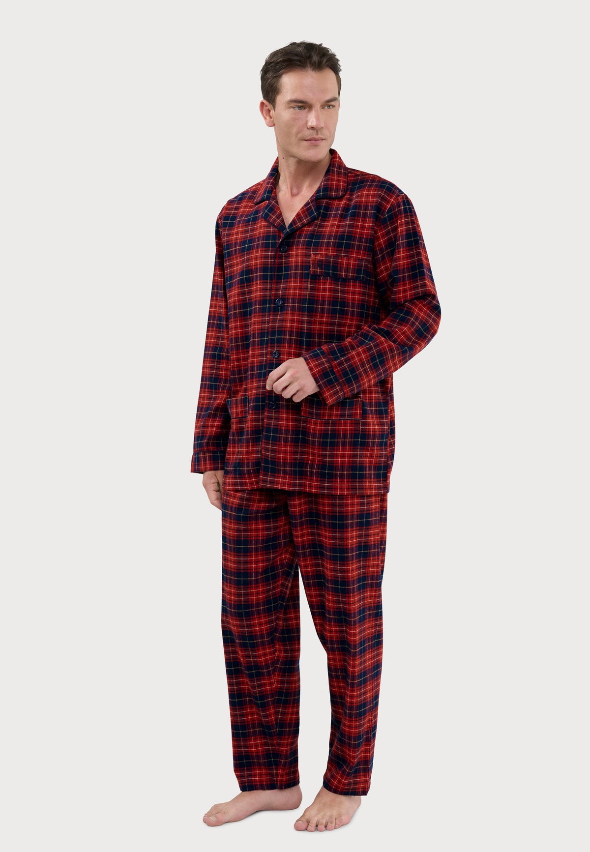 Pijama Hombre Largo Premium Solapa Algodón Franela Cuadros - Rojo 2820_94