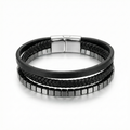 Pulsera para Hombre de Triple Hilera en Acero con Baño de Oro Blanco de 18K – Cuero Trenzado y Cuentas de Cubo – Hecha en España