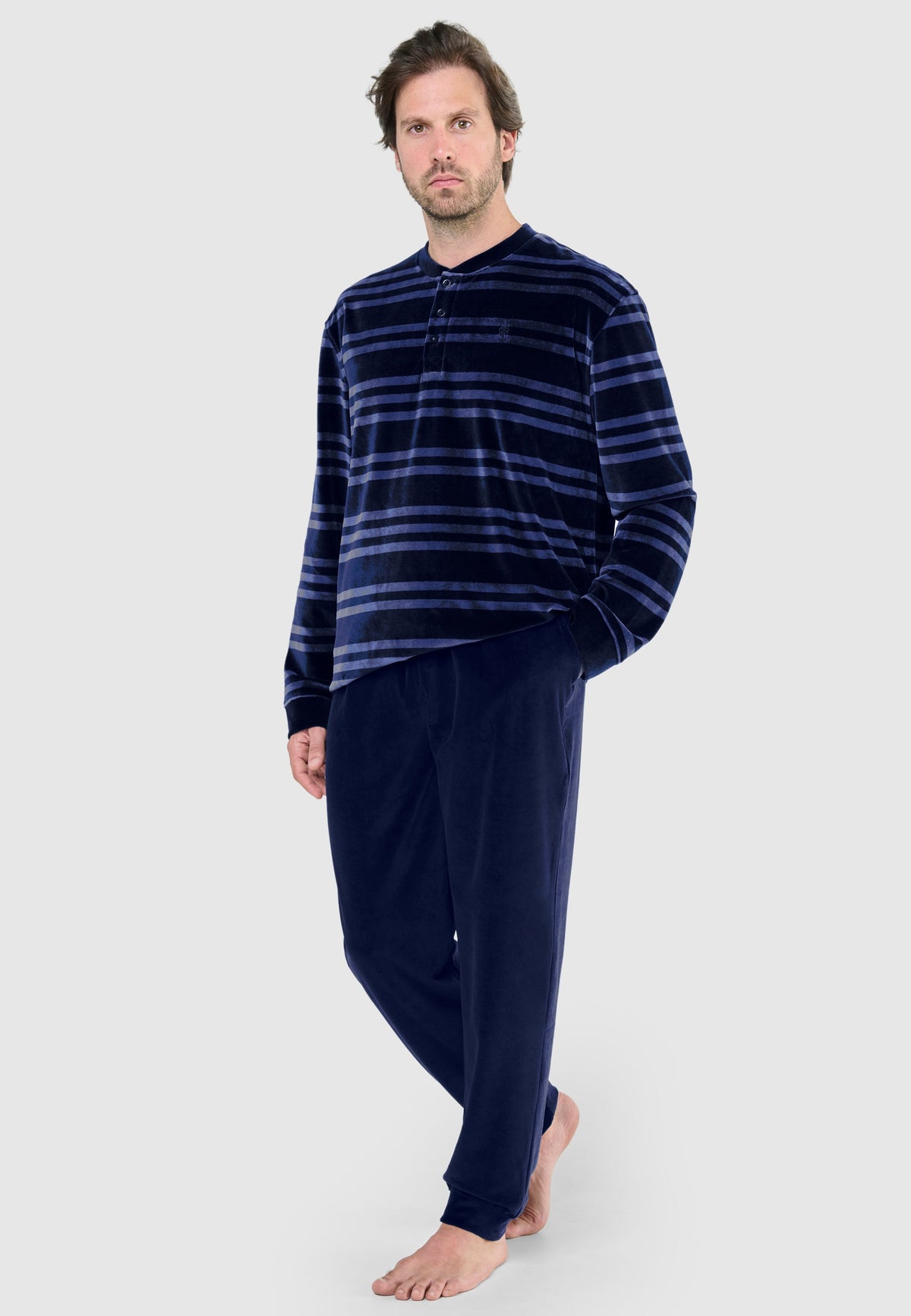 Pijama Hombre Invierno Terciopelo Rayas - Azul 5737_38