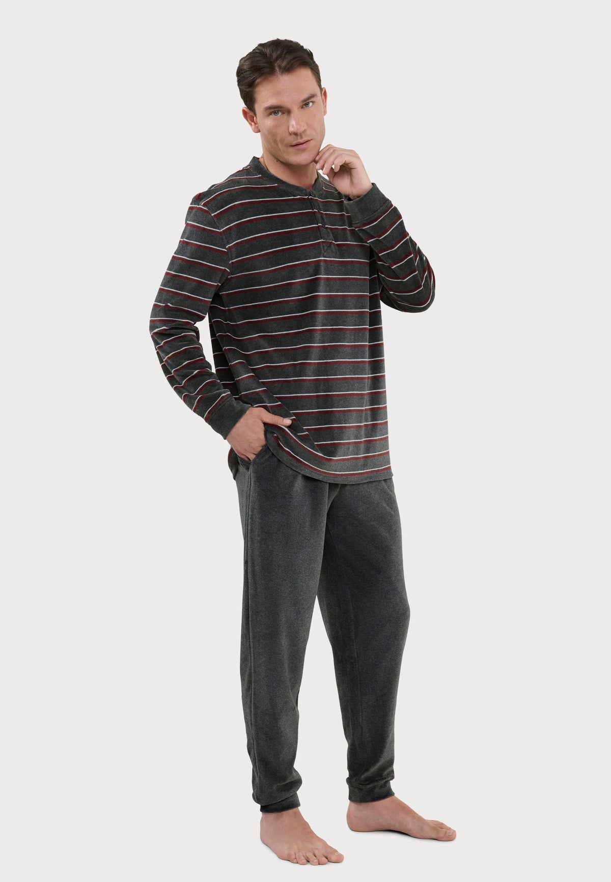 Pijama Hombre Invierno Terciopelo Rayas - Gris 5743_22
