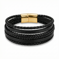 Pulsera Multicapa para Hombre en Cuero Negro y Acero con Baño de Oro de 18K – Hecha en España