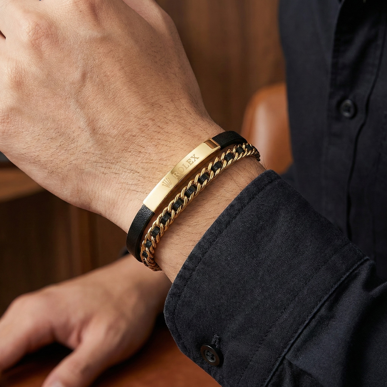 Pulsera Masculina de Cuero Negro y Cadena de Eslabones – 100% Acero Bañado en Oro 18K