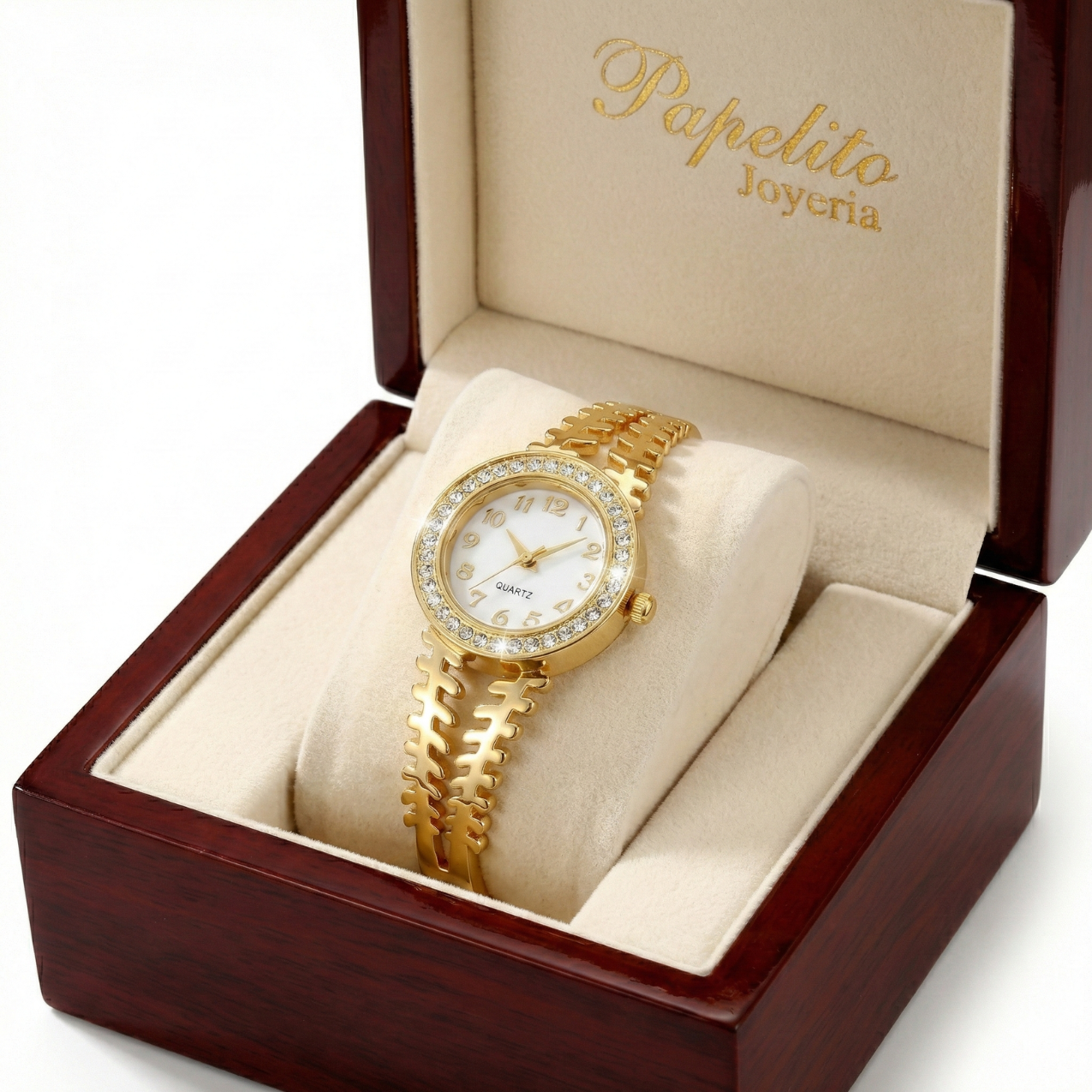 Reloj de Brazalete Rígido Calado con Cristales – 100% Acero Bañado en Oro 18K