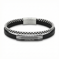 Pulsera Masculina de Cuero Negro con Doble Cordón y Acero Bañado en Oro Blanco 18K - Hecho en España
