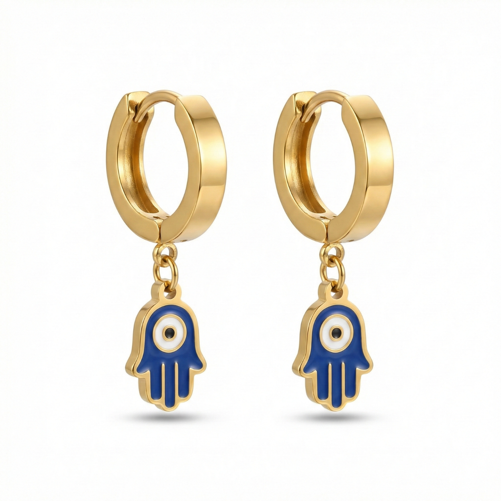 Pendientes de Aro con Colgante Mano de Fátima - 100% Acero Bañado en Oro de 18K