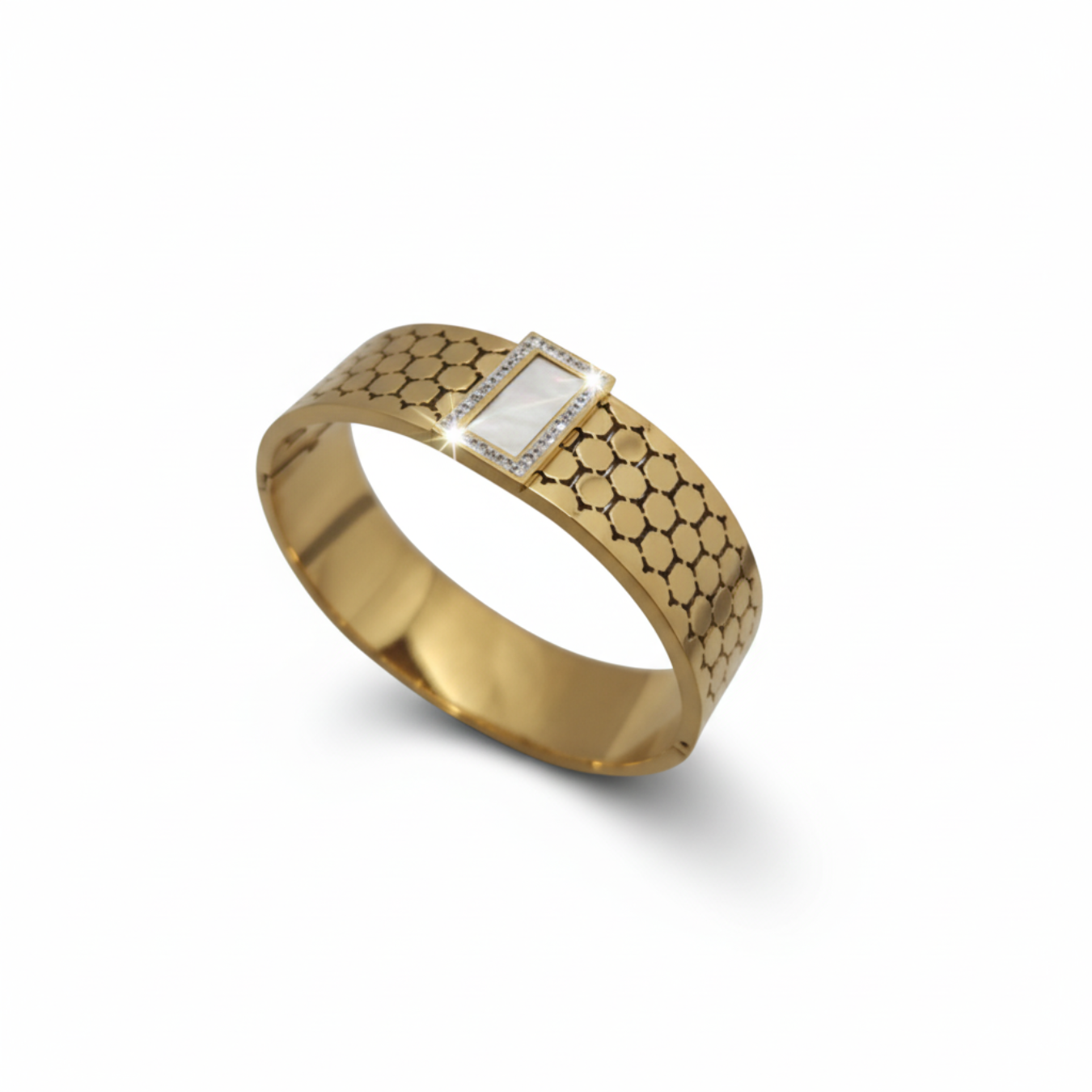 Pulsera Rígida de Acero Chapado en Oro 18K con Diseño Hexagonal y Nácar