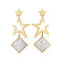 Pendientes Largos Colgantes de Estrellas y Rombo Nácar 100% Acero Bañado en Oro 18K