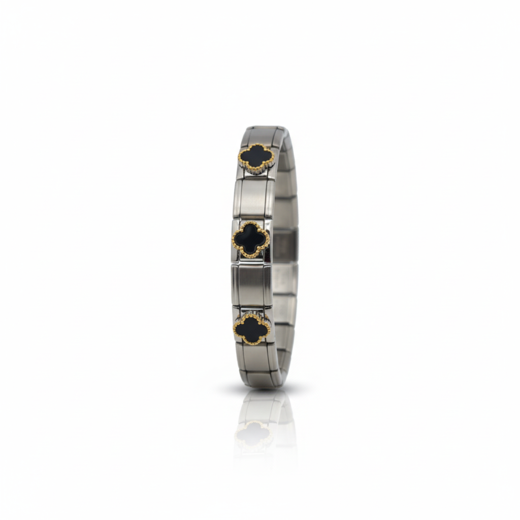 Pulsera de Eslabones con Trébol Negro 100% Acero Bicolor (Plata y Baño de Oro 18K)