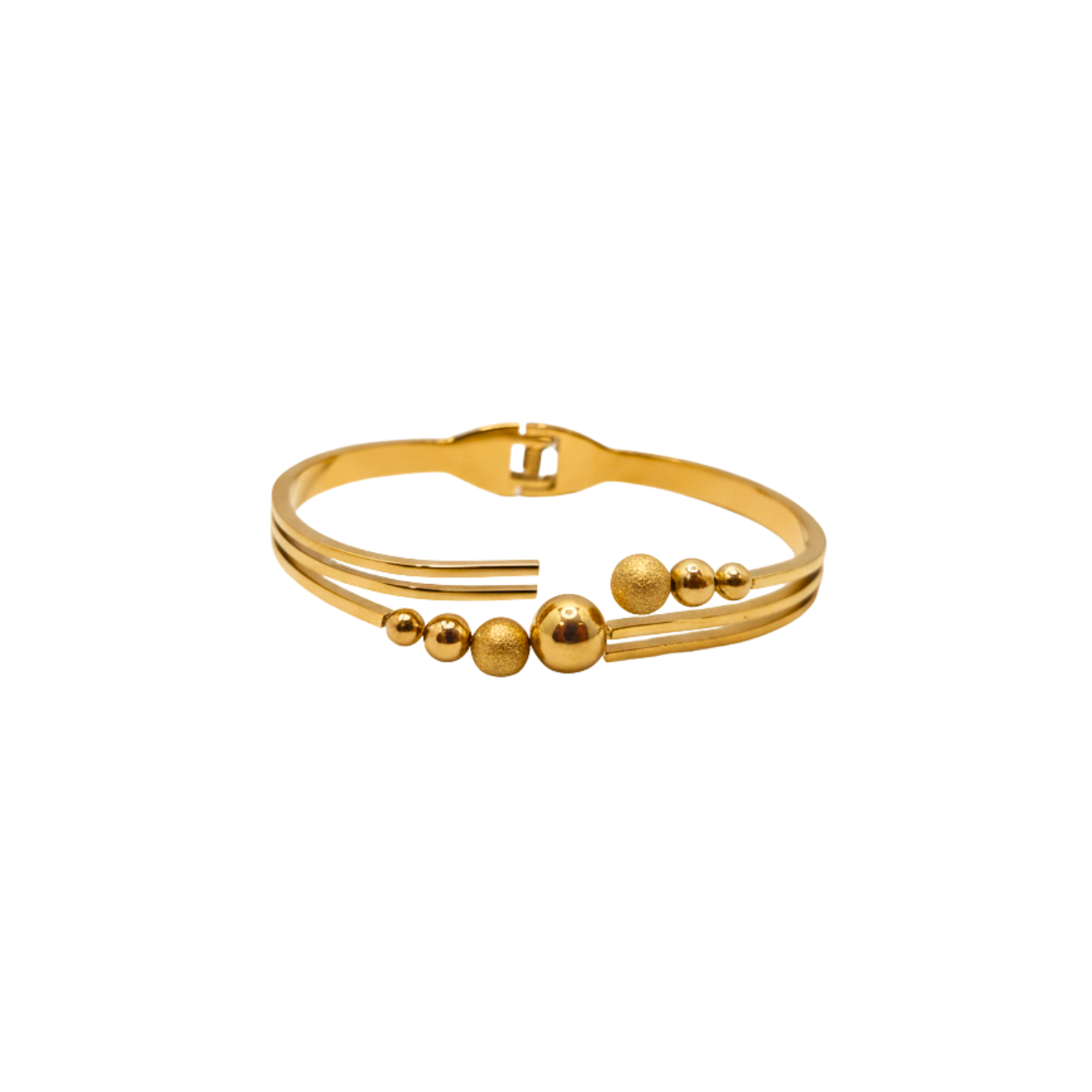 Brazalete Rígido Abierto de Acero Chapado en Oro 18K con Bolas Lisas y Texturizadas