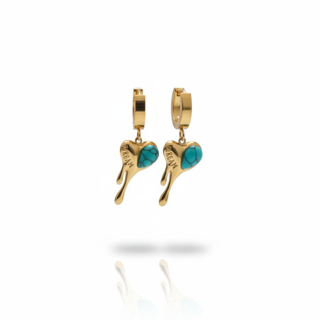 Pendientes Aro con Dije Corazón Goteando y Turquesa de Acero Chapado en Oro 18K