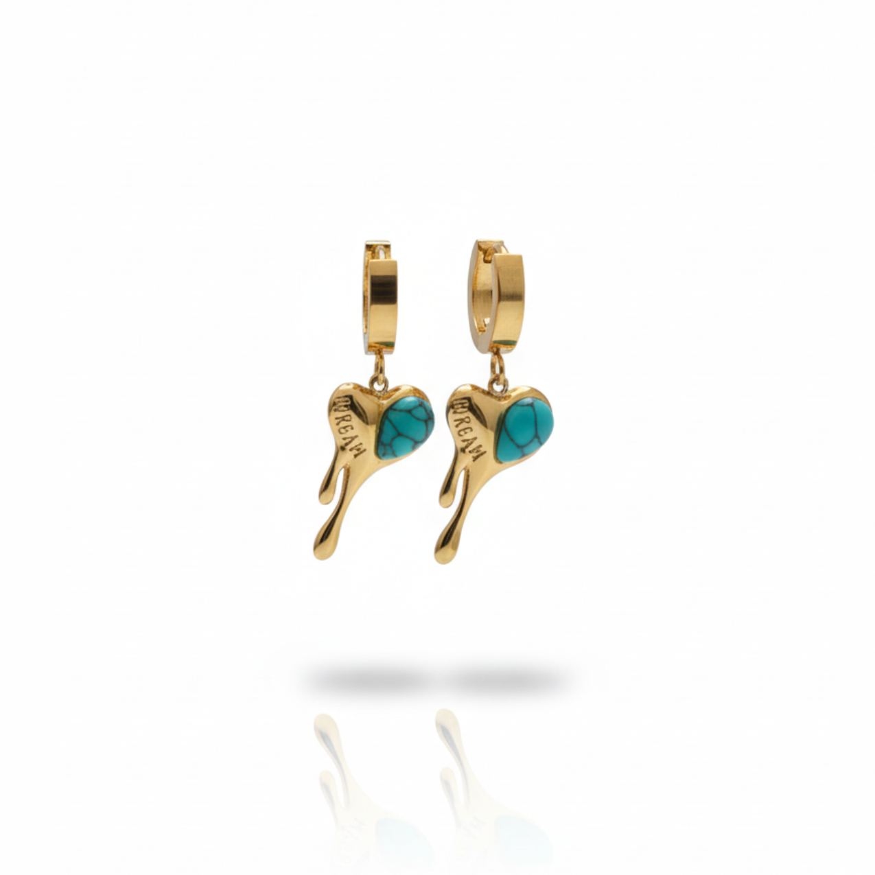 Pendientes Aro con Dije Corazón Goteando y Turquesa de Acero Chapado en Oro 18K