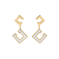Pendientes Largos Colgantes Diseño Geométrico Nácar Blanco 100% Acero Bañado en Oro 18K