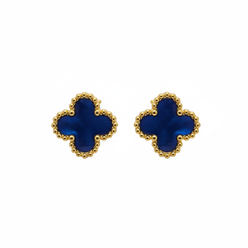 Pendientes de Botón Trébol Azul con Borde Dorado Perlado 100% Acero Bañado en Oro 18K