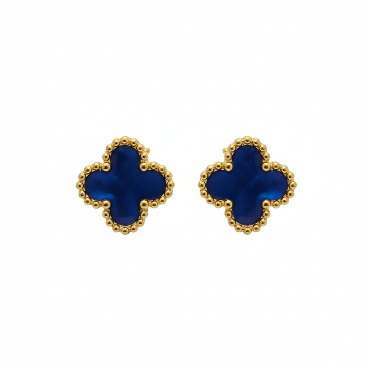 Pendientes de Botón Trébol Azul con Borde Dorado Perlado 100% Acero Bañado en Oro 18K