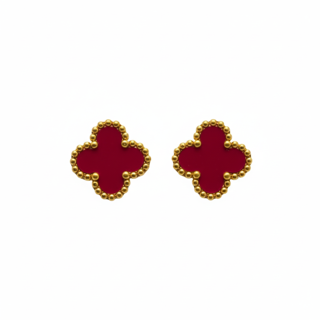 Pendientes de Botón Trébol Rojo con Borde Dorado Perlado 100% Acero Bañado en Oro 18K