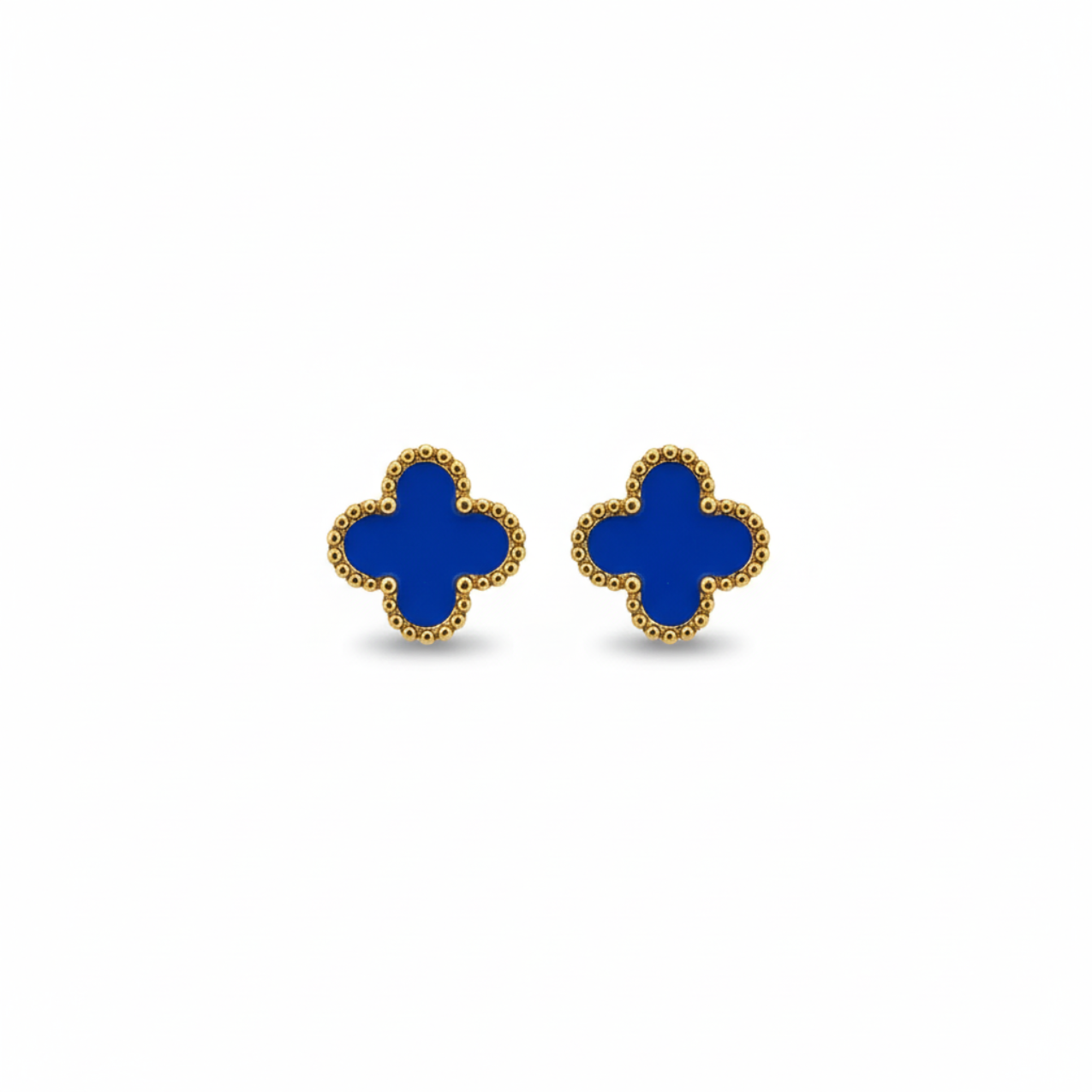 Pendientes de Botón Trébol Azul con Borde Dorado Perlado 100% Acero Bañado en Oro 18K