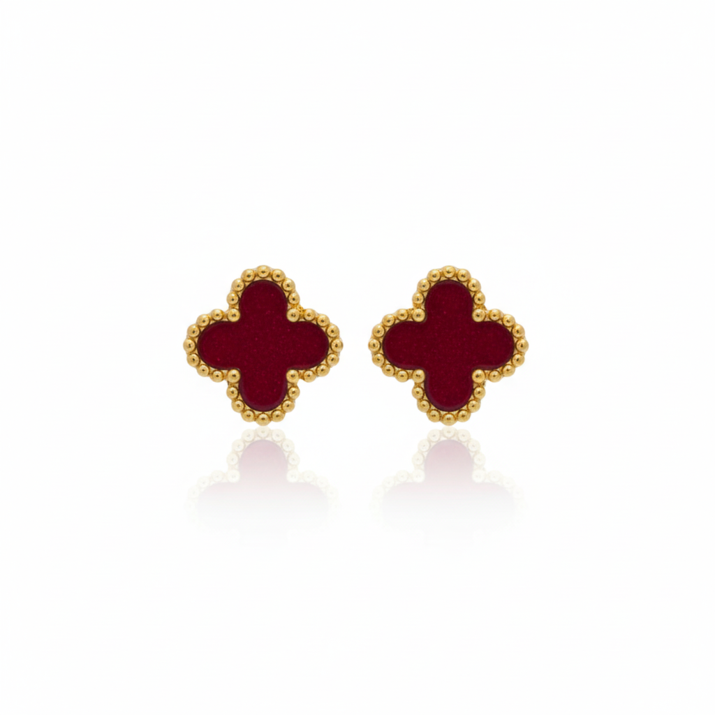 Pendientes de Botón Trébol Burdeos con Borde Dorado Perlado 100% Acero Bañado en Oro 18K
