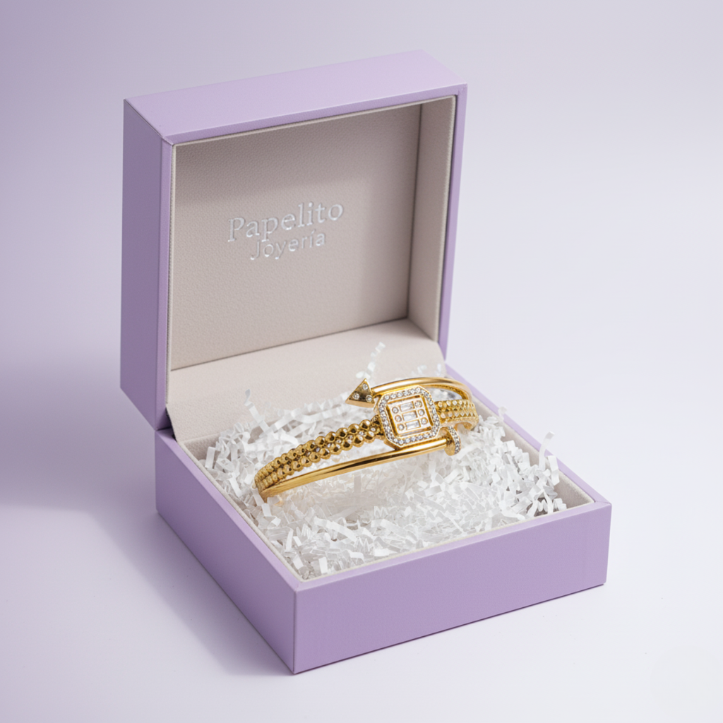 Pulsera Rígida Doble Banda con Charm Cuadrado de Circonitas 100% Acero Bañado en Oro 18K