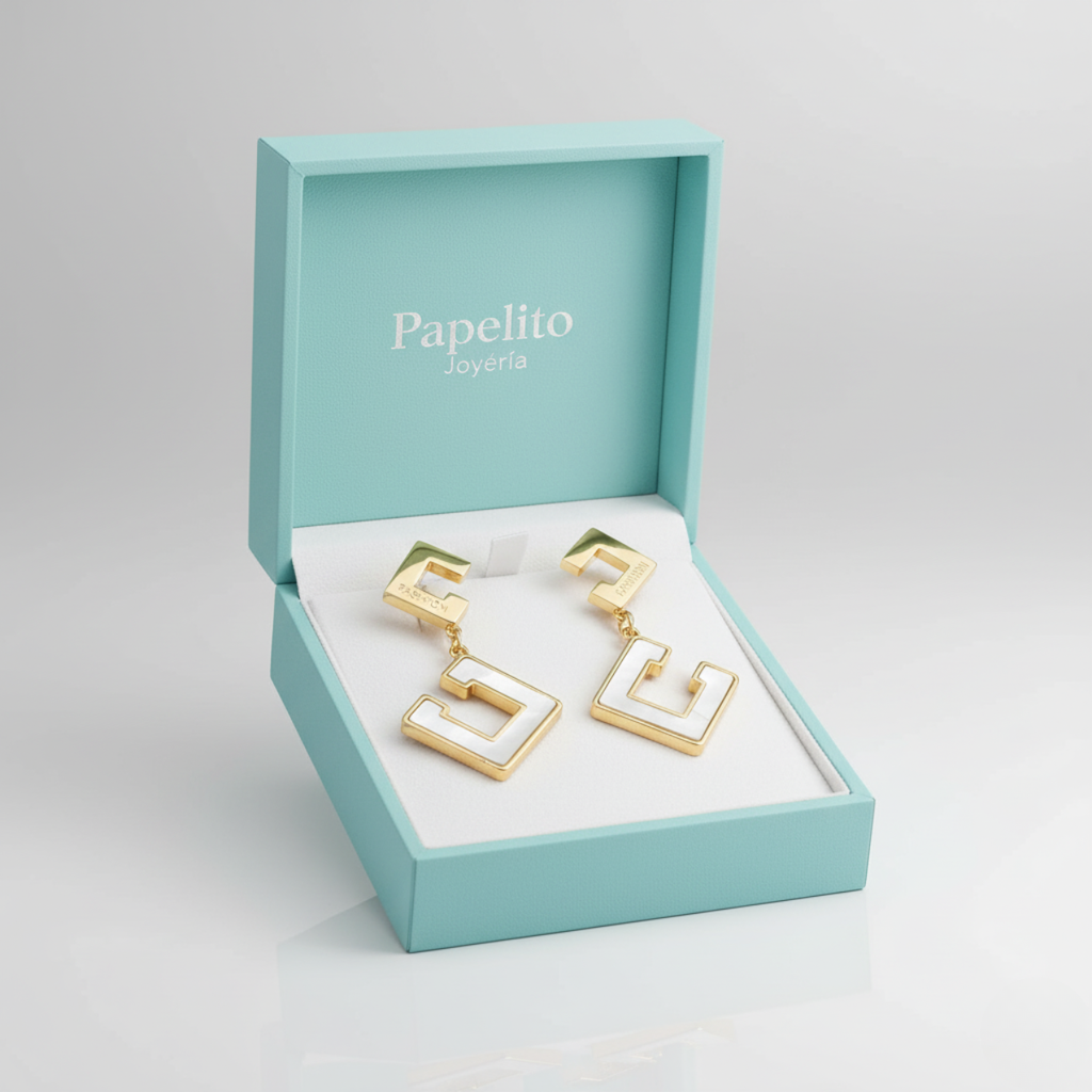 Pendientes Largos Colgantes Diseño Geométrico Nácar Blanco 100% Acero Bañado en Oro 18K