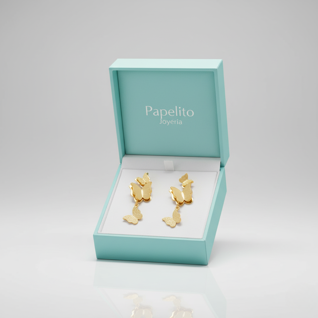 Pendientes Largos Colgantes de Mariposas Múltiples 100% Acero Bañado en Oro 18K