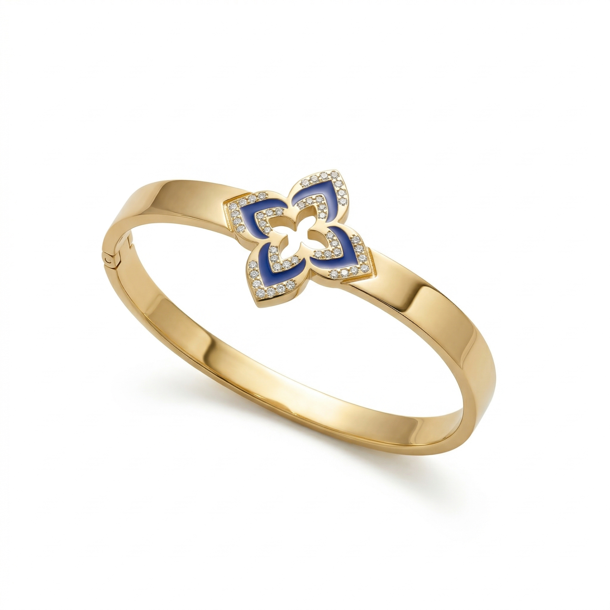 Pulsera Rígida con Flor de Cuatro Pétalos Esmaltada Azul y Circonitas - 100% Acero Bañado en Oro 18K