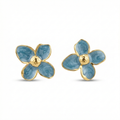 Pendientes de Botón con Flor de Pétalos Azul Petróleo y Centro Dorado - 100% Acero Bañado en Oro 18K