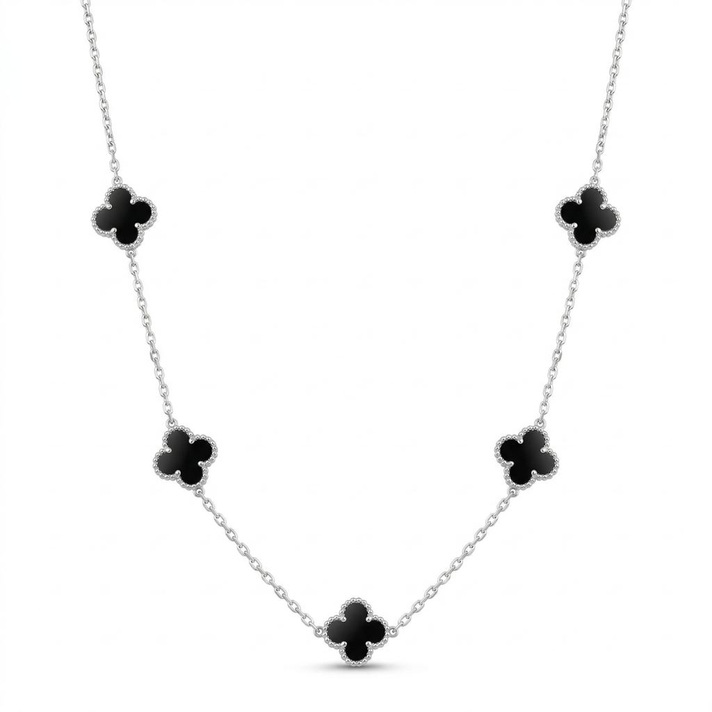 Collar Largo de Tréboles Negros - 100% Acero Bañado en Plata