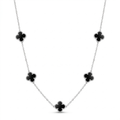 Collar Largo de Tréboles Negros - 100% Acero Bañado en Plata