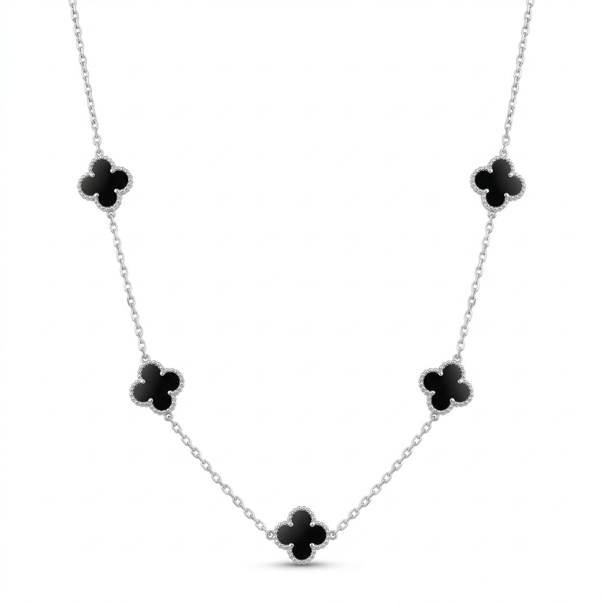 Collar Largo de Tréboles Negros - 100% Acero Bañado en Plata