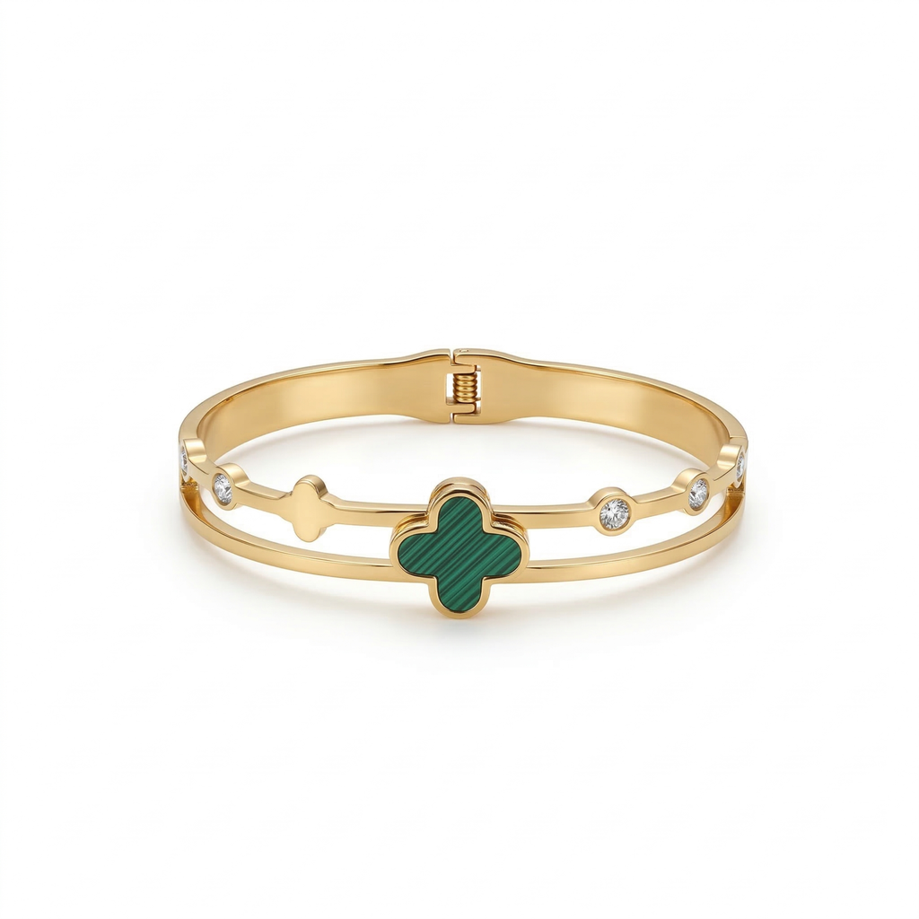 Pulsera Rígida Doble Banda con Trébol Esmaltado Turquesa y Circonitas - 100% Acero Bañado en Oro 18K