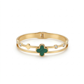 Pulsera Rígida Doble Banda con Trébol Esmaltado Turquesa y Circonitas - 100% Acero Bañado en Oro 18K