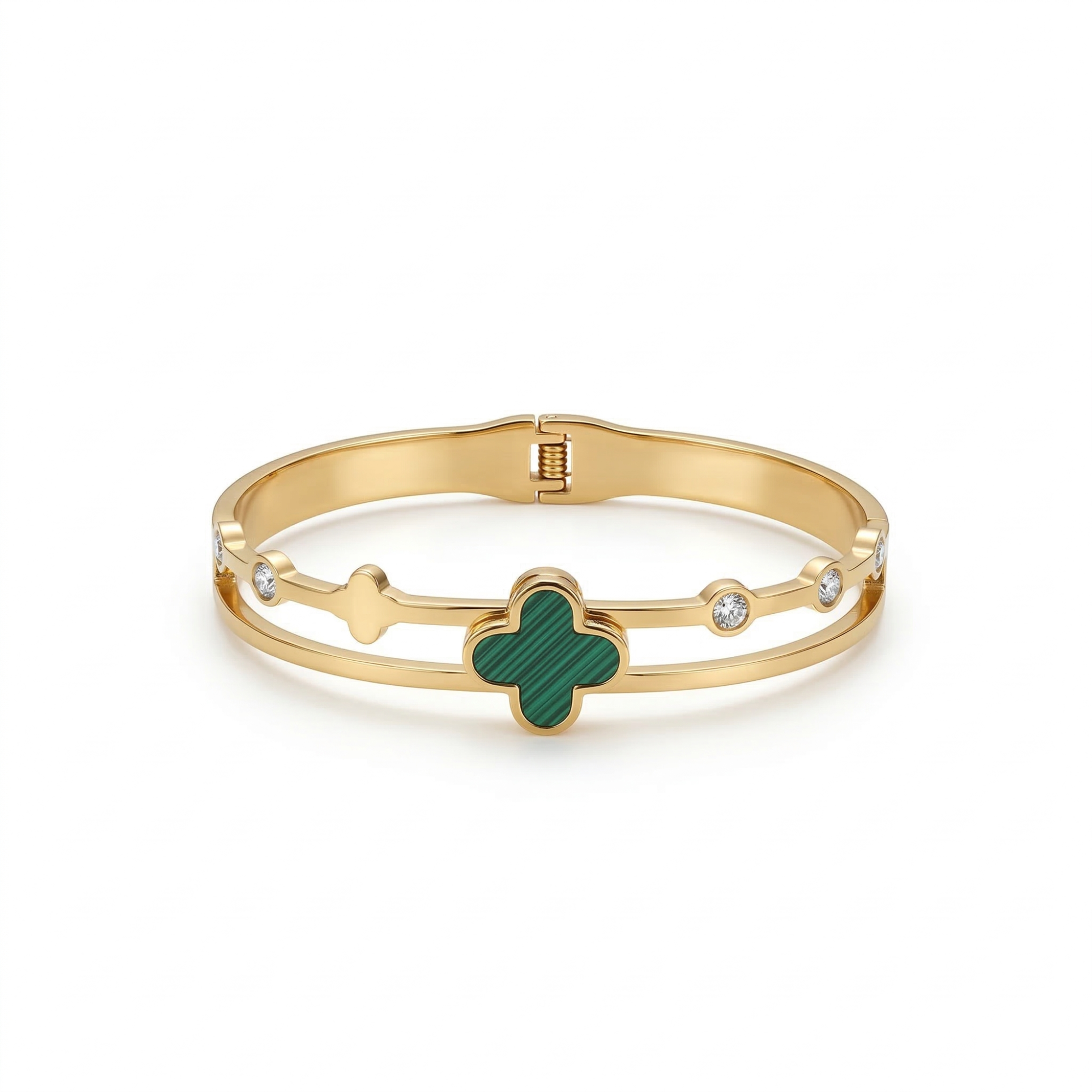 Pulsera Rígida Doble Banda con Trébol Esmaltado Turquesa y Circonitas - 100% Acero Bañado en Oro 18K