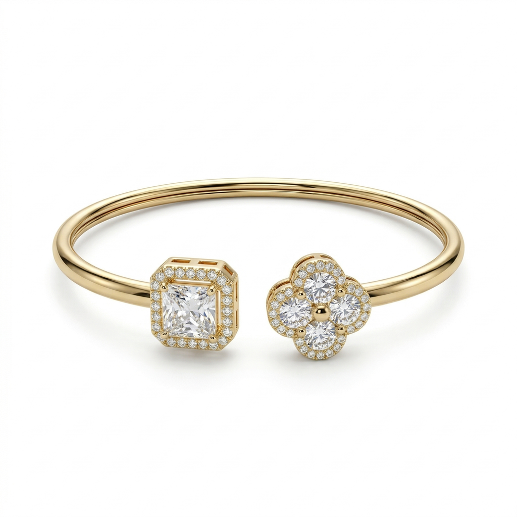 Brazalete Abierto con Cuadrado y Trébol de Circonitas - 100% Acero Bañado en Oro 18K