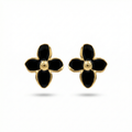Pendientes de Botón con Flor de Pétalos Negros y Centro Dorado - 100% Acero Bañado en Oro 18K