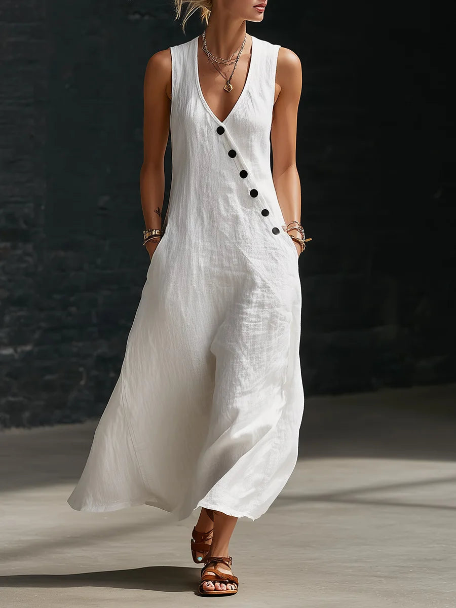 Vestido Midi Lino V-Neck con Bolsillos