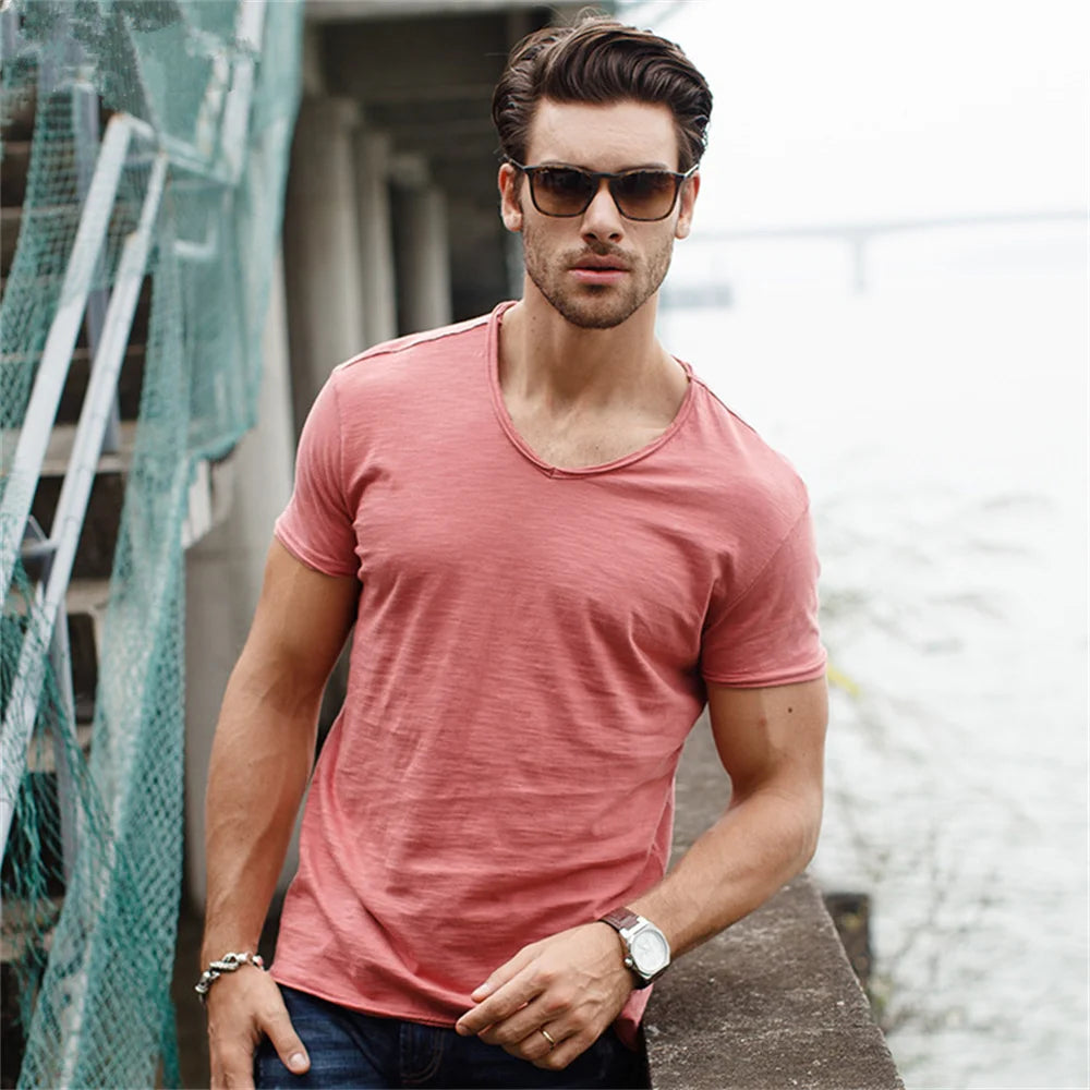 Camiseta de Algodón para Hombre — Cuello en V, Manga Corta, Transpirable, Tallas S a 5XL