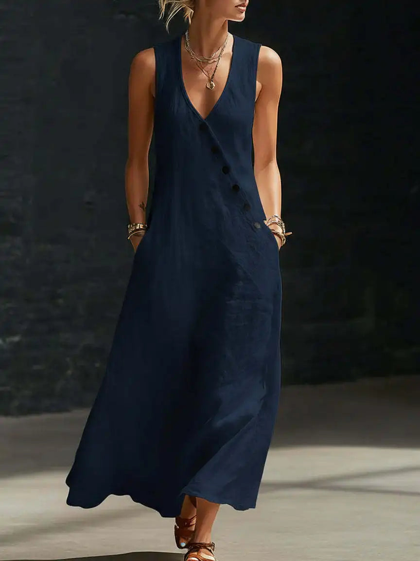 Vestido Midi Lino V-Neck con Bolsillos