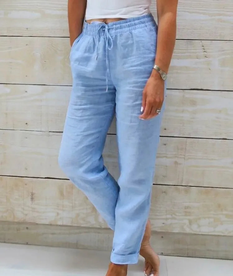 Pantalones Lápiz de Lino y Algodón para Mujer – Cintura Elástica Alta, Estilo Casual Urbano