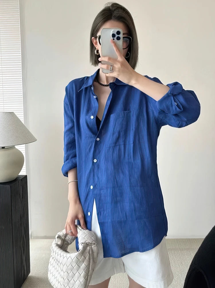 Camisa larga de algodón de lino de manga larga