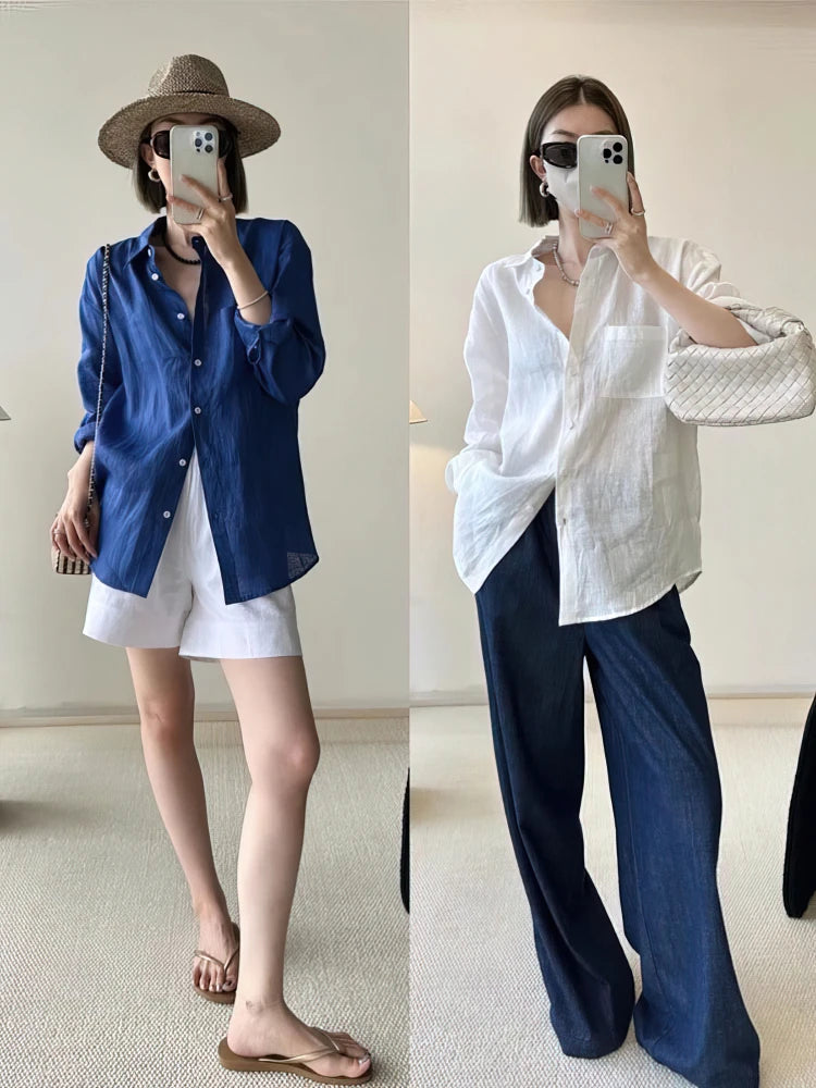 Camisa larga de algodón de lino de manga larga