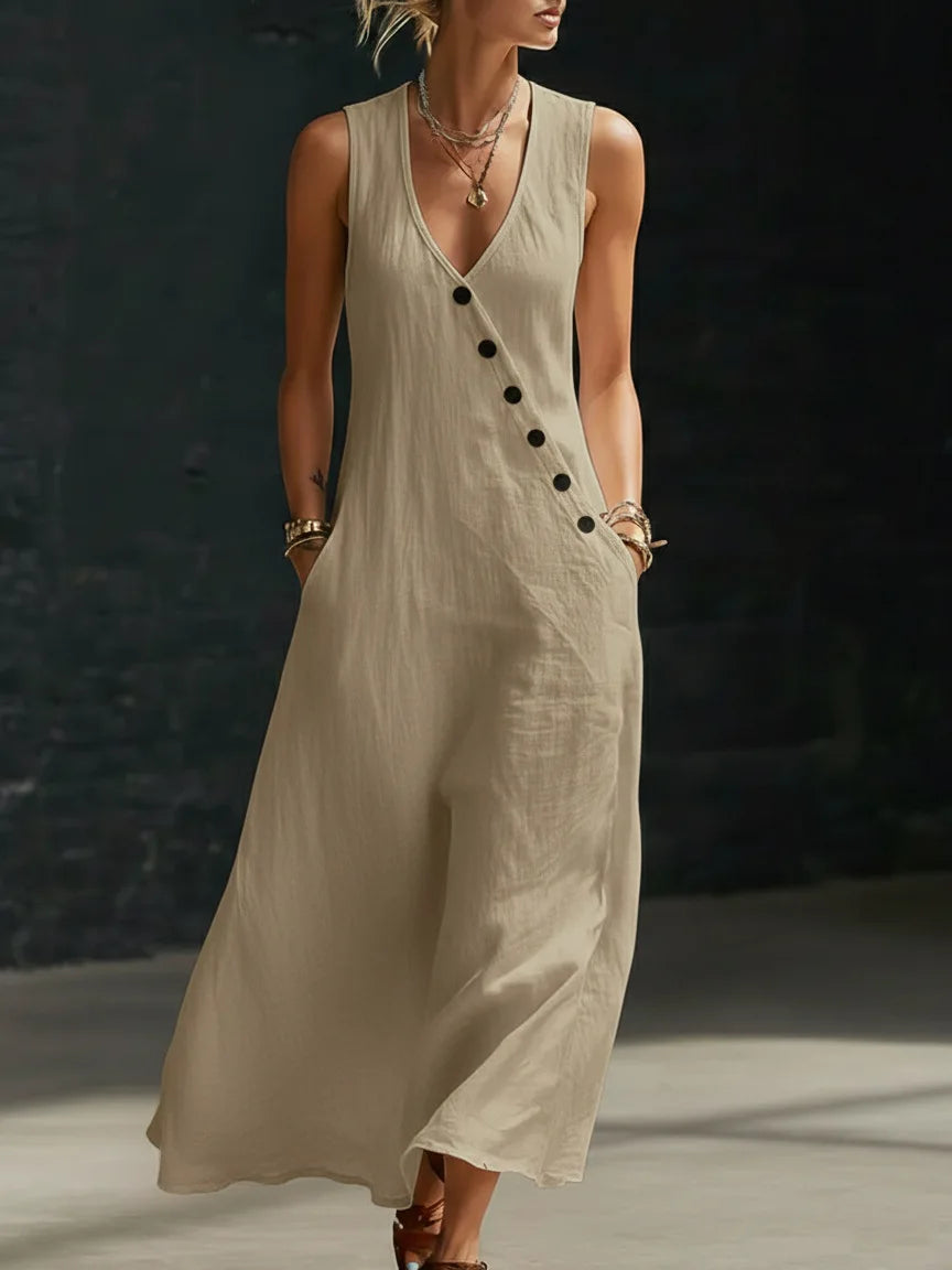 Vestido Midi Lino V-Neck con Bolsillos