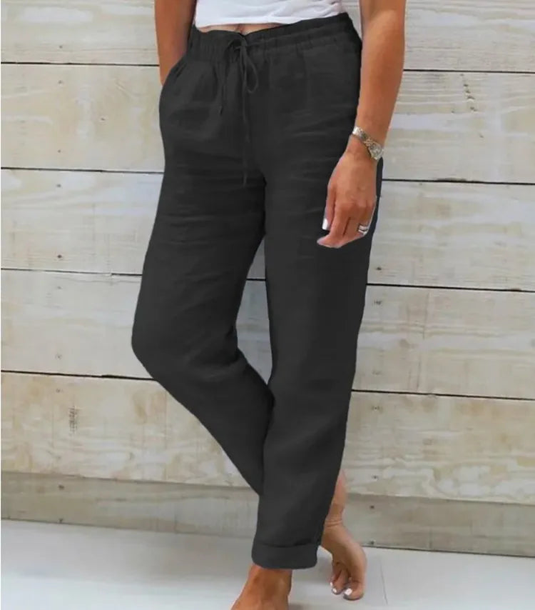 Pantalones Lápiz de Lino y Algodón para Mujer – Cintura Elástica Alta, Estilo Casual Urbano