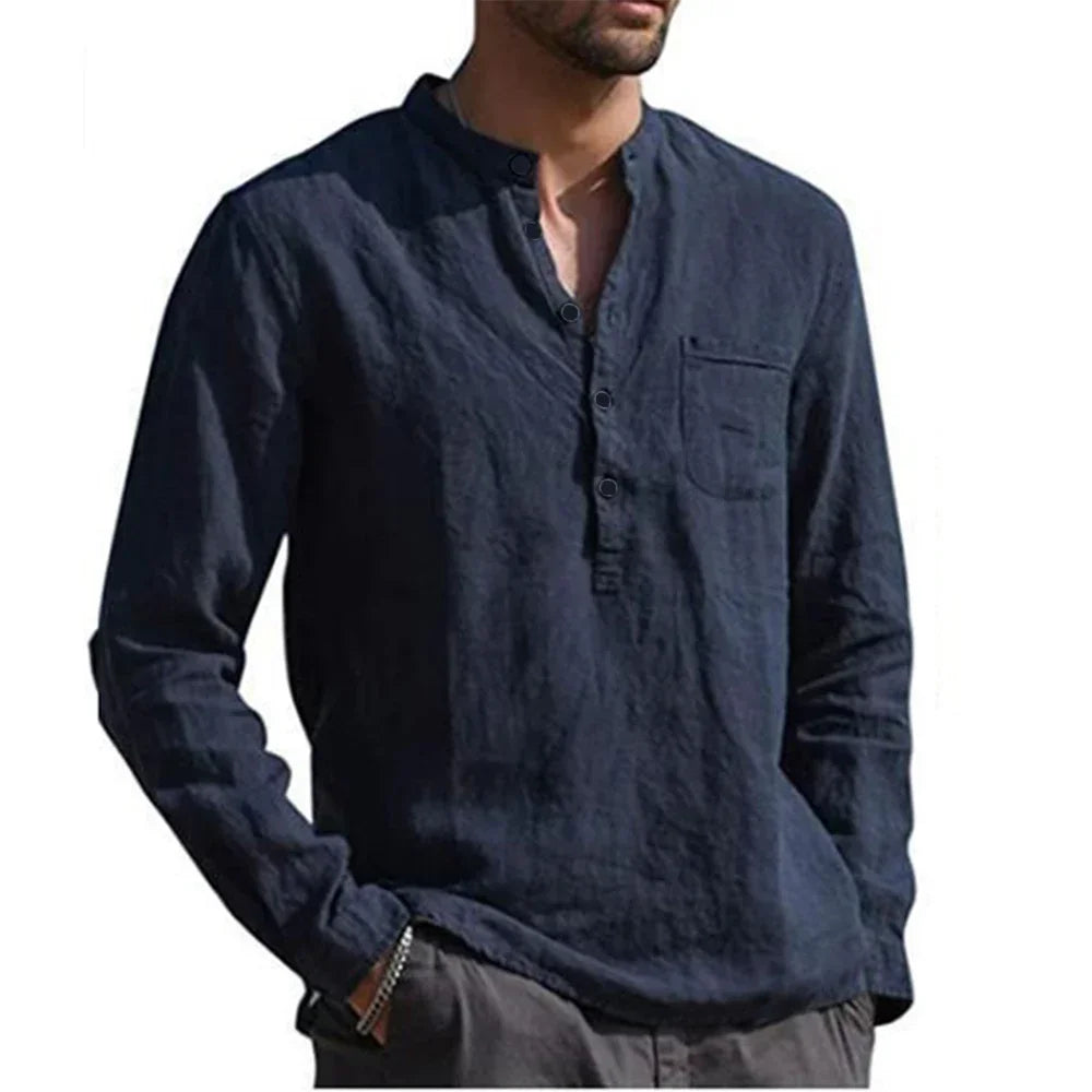 Camisa de manga larga de algodón de lino para hombre