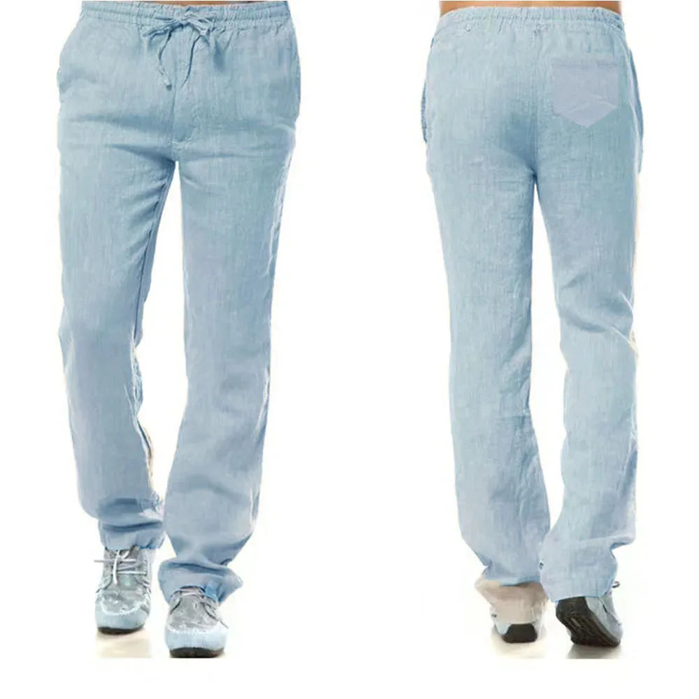 Pantalones de Lino y Algodón para Hombre – Corte Recto, Casual Streetwear con Bolsillo Trasero